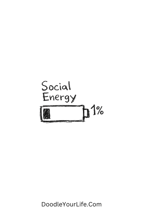 A doodle of a low battery labeled “Social Energy” at 1%, funny doodles notebook