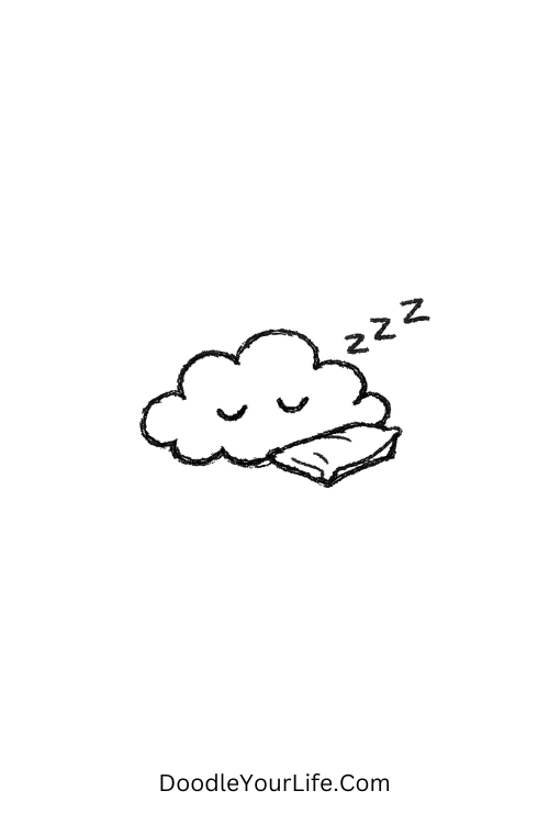 A doodle of a cloud resting on a pillow with sleepy eyes, easy doodles to draw