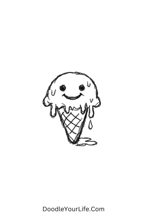 A doodle of a melting smiling ice cream scoop, doodle art tutorials for beginners