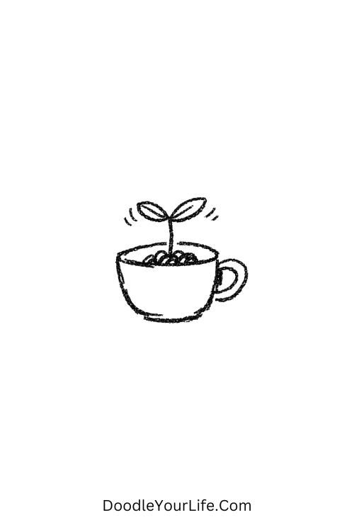 A doodle of a tiny sprout in a teacup with waving leaves, doodle art for beginners