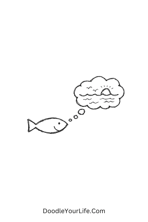 A doodle of a fish with a tiny ocean thought bubble, easy geometric doodles