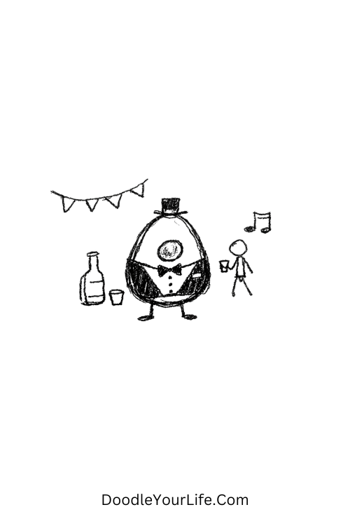A doodle of an avocado in a tux at a casual party, funny doodle ideas