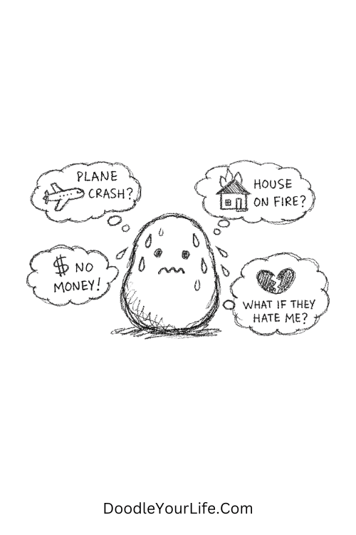 A doodle of a stressed potato with messy thought bubbles, funny doodles simple