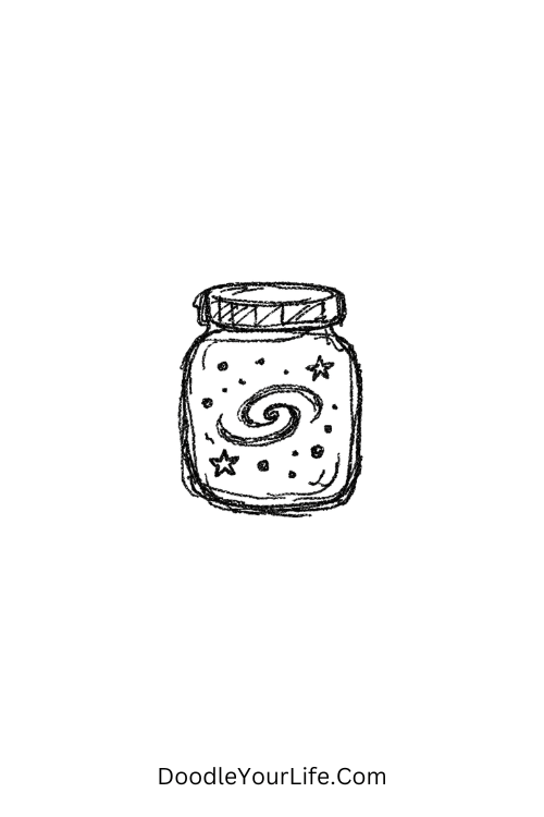 A doodle of a jar with a tiny galaxy inside, quick doodle sketches for kids