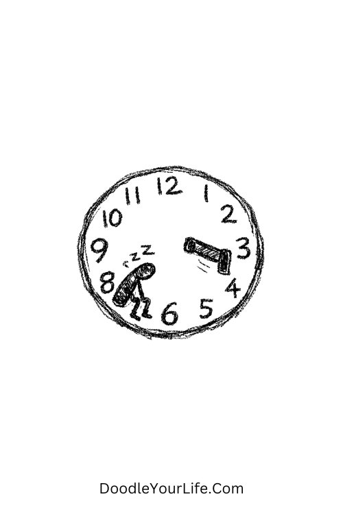 A doodle of a clock refusing to move its hands, funny doodles step by step