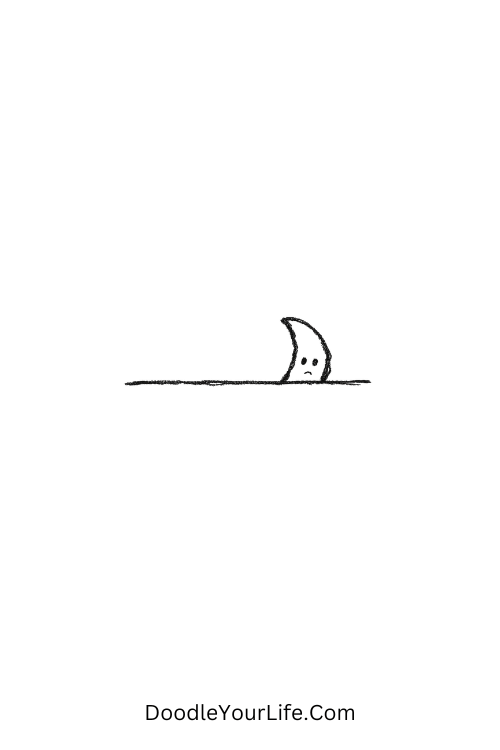 A doodle of a crescent moon peeking behind a line, cute easy doodle art