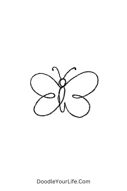 A doodle of a single line butterfly with flowing wings, doodle art step by step