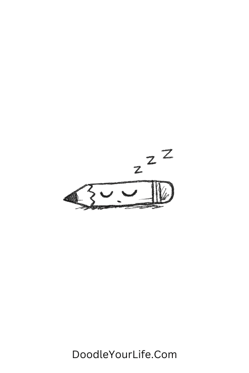 A doodle of a pencil resting with closed eyes, simple everyday object doodles