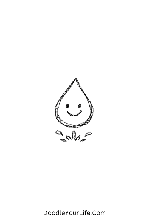 A doodle of a happy raindrop with a tiny splash below, easy doodles aesthetic
