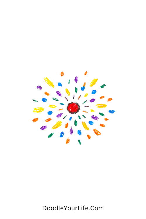 A doodle of a tiny central dot with spray particles, graffiti doodle inspiration