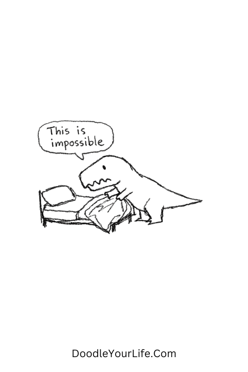 A doodle of a tiny T-Rex struggling to make a bed, funny doodles kawaii