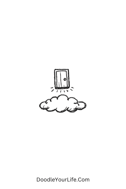 A doodle of a tiny door floating above a cloud, simple doodle ideas for kids