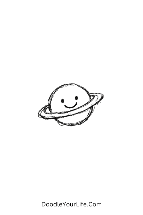 A doodle of a tiny smiling planet with a ring hug, easy doodle art