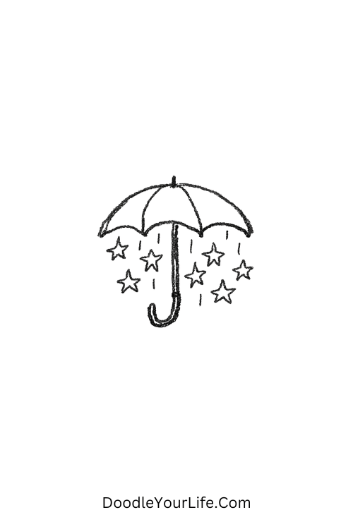 A doodle of an umbrella catching falling stars, simple doodle drawings