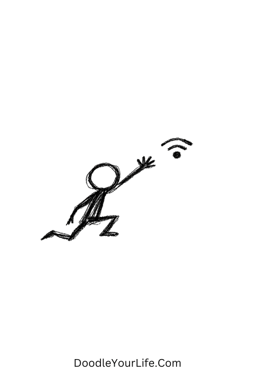 A doodle of a figure reaching for weak WiFi signal bar, funny doodles pinterest