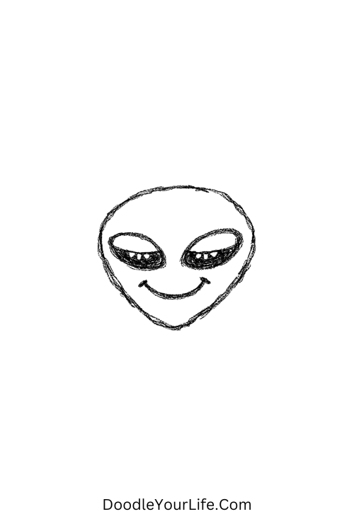 A doodle of cute alien face with soft smile and dreamy eyes, y2k cartoon doodles
