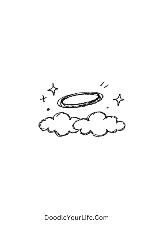A doodle of floating halo with clouds and sparkles, y2k star doodles