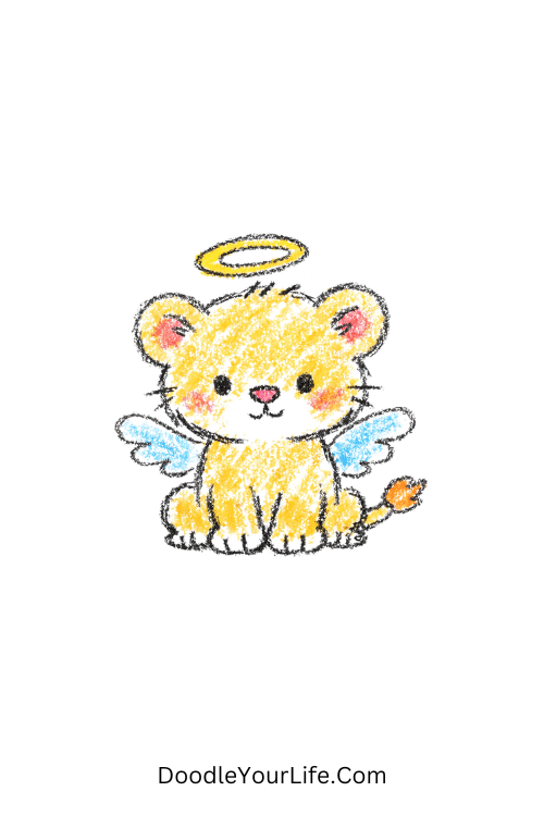 Magical baby angel lion with wings and halo, easy lion drawing for school projects