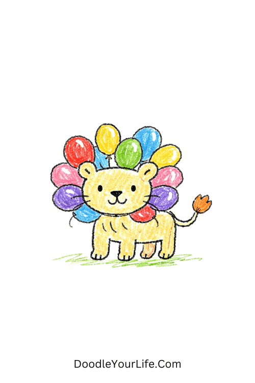 Happy lion with balloon shaped mane floating gently, easy cute lion drawing for kids step by step
