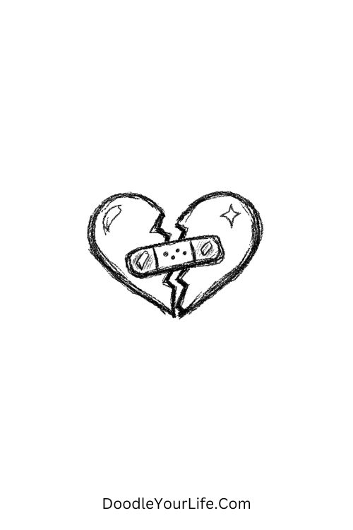 A doodle of broken heart with bandage and shine effect, y2k heart doodles