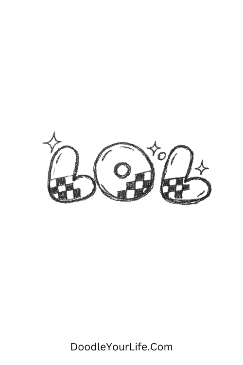 A doodle of puffy bubble letters “LOL” with sparkles, y2k bubble letters doodles