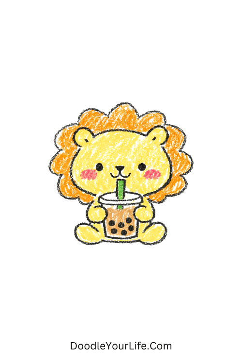 Cute lion holding bubble tea with blush cheeks, lion face drawing easy and cute