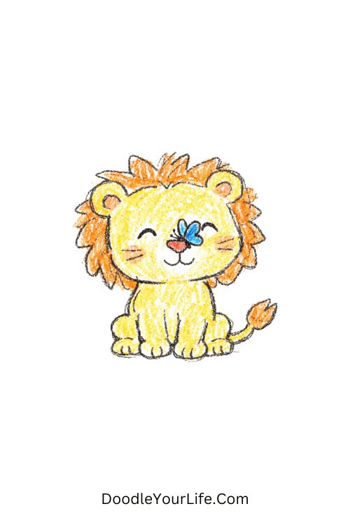 Gentle lion with butterfly resting on nose, simple cute lion face sketch for kids