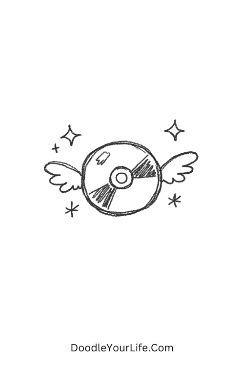 A doodle of floating CD disc with angel wings, y2k icon doodles