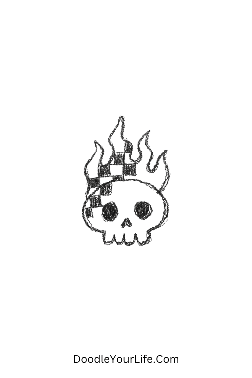 A doodle of skull with flames and checker pattern style, y2k doodles drawings