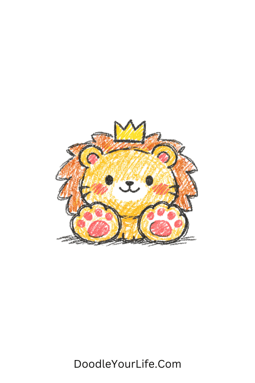 Cute round chibi lion with big paws and smile, kawaii lion drawing easy and cute
