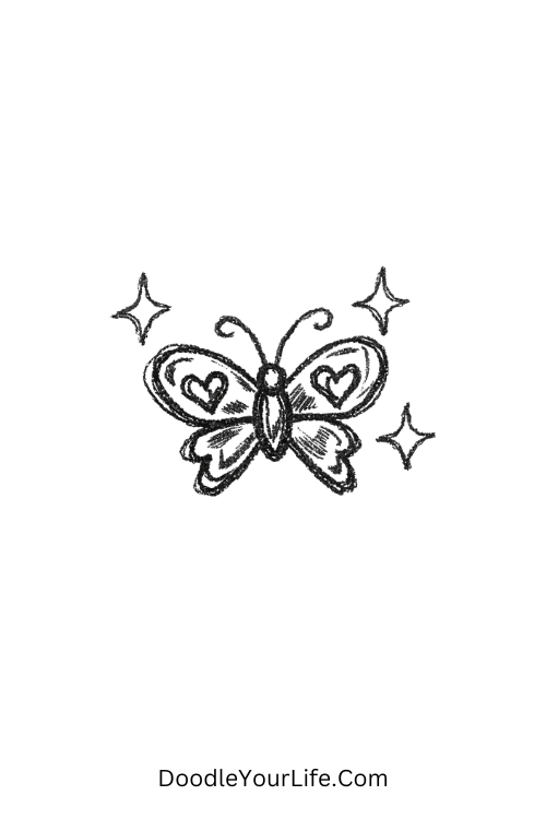A doodle of tiny butterfly with shiny chrome wings and sparkles, y2k chrome doodles