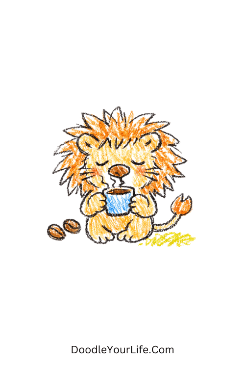 Calm coffee loving lion holding warm cup, simple lion sketch drawing for beginners