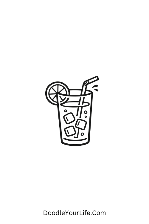A doodle of a glass of lemonade with lemon slice and straw, easy June drawings