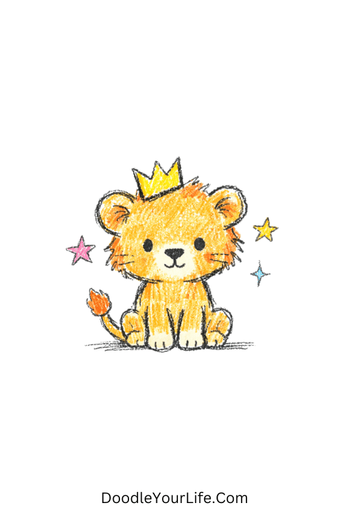 Small royal lion cub wearing tilted crown, lion drawing for class 1 students easy