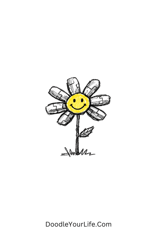 A doodle of daisy flower with metallic petals and face, y2k doodles pinterest