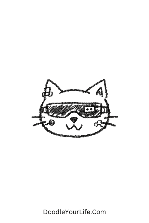 A doodle of cute cyber cat with tech glasses, y2k kawaii doodles