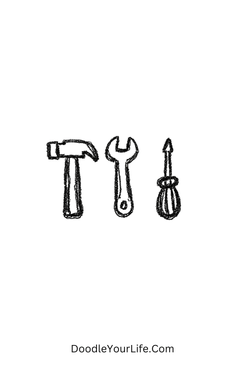 A doodle of hammer wrench screwdriver set, Father's Day doodles printable