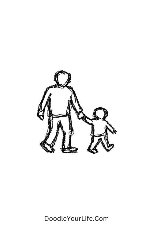 A doodle of dad and child walking silhouette, Father's Day card doodles
