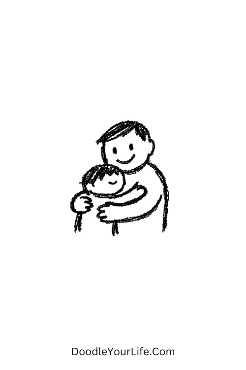A doodle of dad hugging child with simple lines, Father's Day doodles for kids