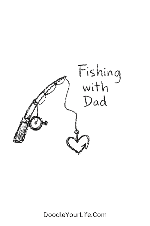 A doodle of fishing rod with heart hook, Father's Day outline doodles
