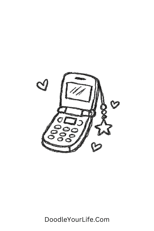 A doodle of flip phone with stars and hearts charms, y2k retro doodles