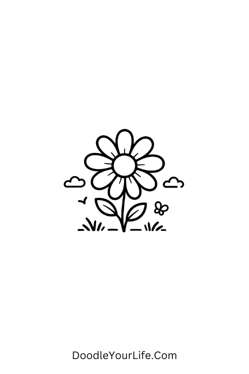 A doodle of a daisy flower bloom with simple petals, June bullet journal doodles