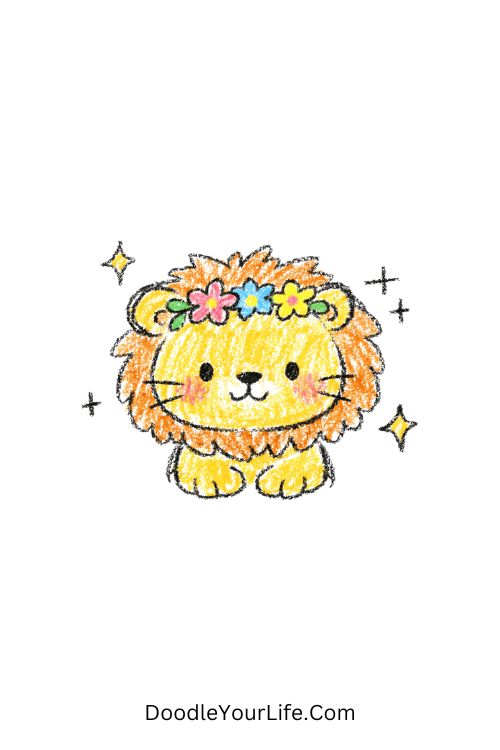 Cute lion cub with tiny floral crown and soft look, cute lion cub drawing step by step