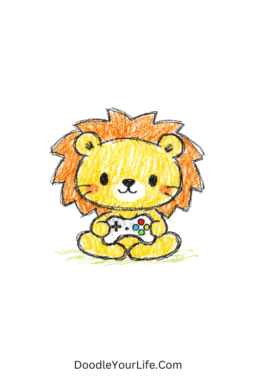 Chibi gamer lion holding controller sitting cross legged, step by step lion drawing easy cartoon