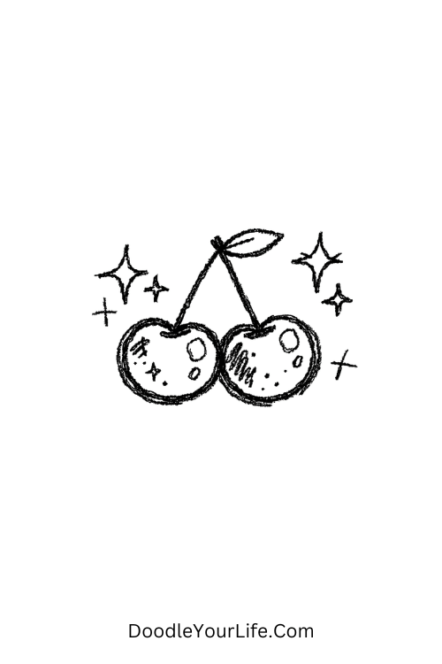 A doodle of shiny cherry pair with sparkles and bold outlines, y2k doodles cute