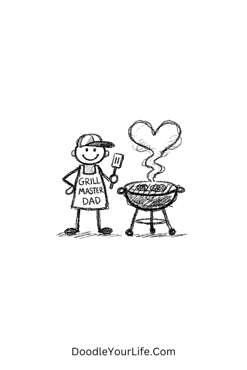 A doodle of barbecue grill with heart smoke, cute Father's Day doodles
