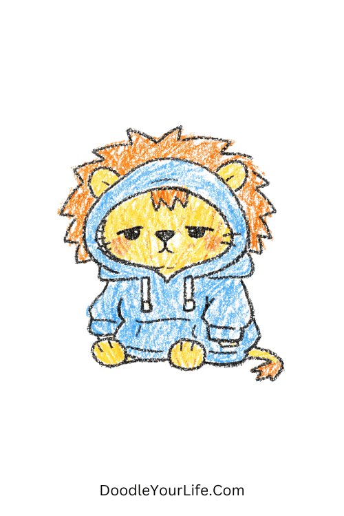 Cozy lion in oversized hoodie with sleepy face, lion drawing for preschool kids easy
