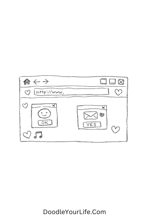 A doodle of retro browser window with hearts and pop-ups, y2k sketch ideas
