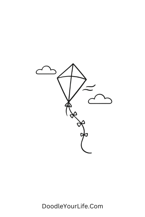 A doodle of a flying kite with string in the sky, June doodle templates