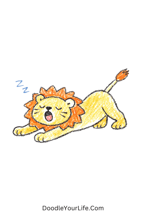 Stretching sleepy lion in simple relaxed pose, lion drawing easy for beginners